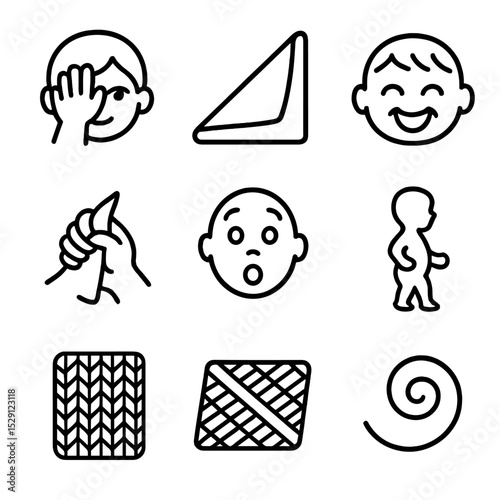 Peek-a-Boo Icon Set. Outline icon set of peek-a-boo play: peek-eye, blanket corner, giggling face, hand holding fabric, surprised
