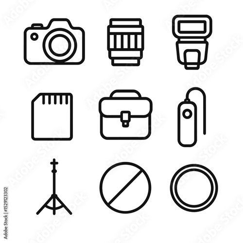 Photography Gear Icons. Outline icon set of photography gear: DSLR camera, lens, flash unit, memory card, camera bag, remote