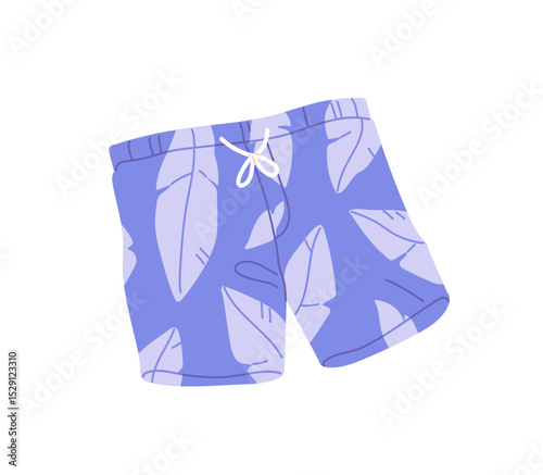 Board shorts with Hawaiian pattern for sea resort. Swimming pants for summer holidays. Beach clothes, beachwear to tropical travel, trip, tour. Flat isolated vector illustration on white background