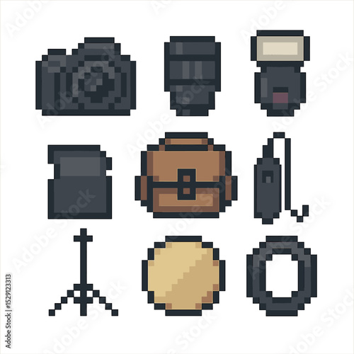 Photography Gear Icons. Pixel art icon set of photography gear: DSLR camera, lens, flash unit, memory card, camera bag, remote