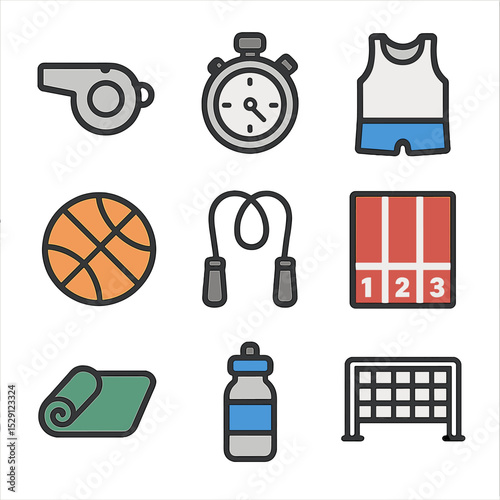 Physical Education Icons. Flat icon set of physical education: whistle, stopwatch, gym uniform, basketball, jumping rope, track