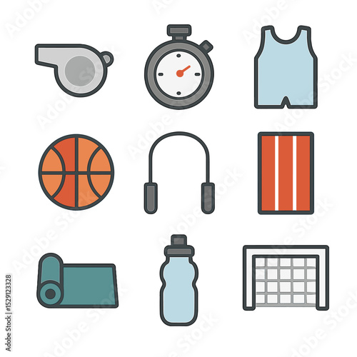 Physical Education Icons. Flat icon set of physical education: whistle, stopwatch, gym uniform, basketball, jumping rope, track