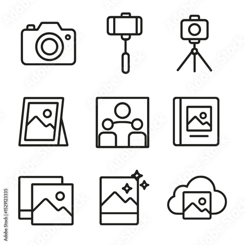 Photography Icon Set. Outline icon set of photography and memories: camera, selfie stick, tripod, photo frame, group portrait,
