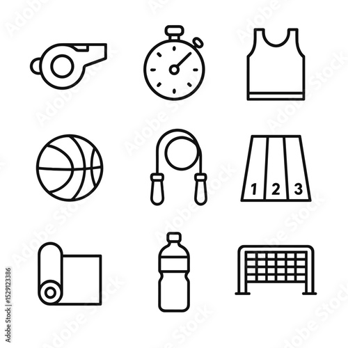 Physical Education Icons. Outline icon set of physical education: whistle, stopwatch, gym uniform, basketball, jumping rope, track