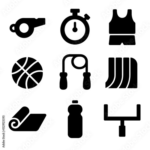 Physical Education Icons. Solid, Filled icon set of physical education: whistle, stopwatch, gym uniform, basketball, jumping rope,