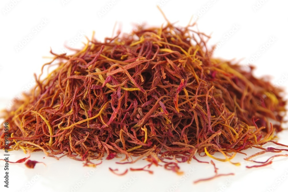 Fototapeta premium Pile of dried saffron strands against white background