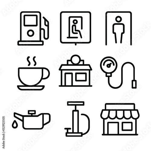 Pit Stop Icons. Outline icon set of pit stop essentials: fuel pump, rest area sign, bathroom door, coffee cup, roadside diner,