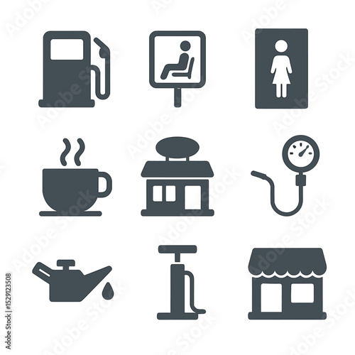 Pit Stop Icon Set. Flat icon set of pit stop essentials: fuel pump, rest area sign, bathroom door, coffee cup, roadside diner,