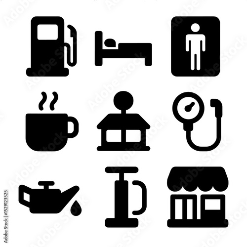 Pit Stop Icon Set. Solid, Filled icon set of pit stop essentials: fuel pump, rest area sign, bathroom door, coffee cup, roadside