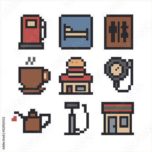 Pit Stop Essentials Icons. Pixel art icon set of pit stop essentials: fuel pump, rest area sign, bathroom door, coffee cup,