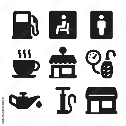 Pit Stop Icon Set. Solid, Filled icon set of pit stop essentials: fuel pump, rest area sign, bathroom door, coffee cup, roadside