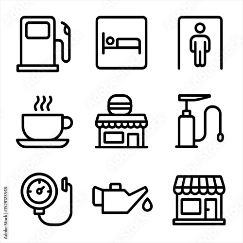Pit Stop Icons. Outline icon set of pit stop essentials: fuel pump, rest area sign, bathroom door, coffee cup, roadside diner,