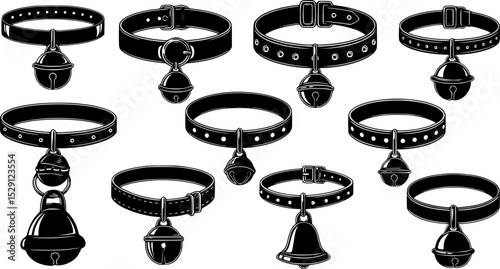 Diverse collection of black collars with pendant bells on a white background

