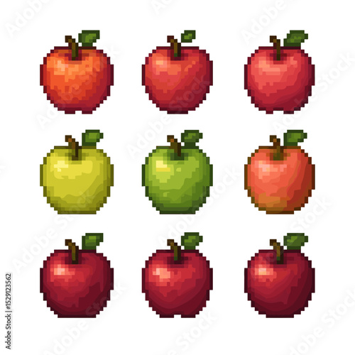 Pixel Apple Varieties. Pixel art icon set of crisp apple varieties: honeycrisp, gala, fuji, pink lady, golden delicious, granny