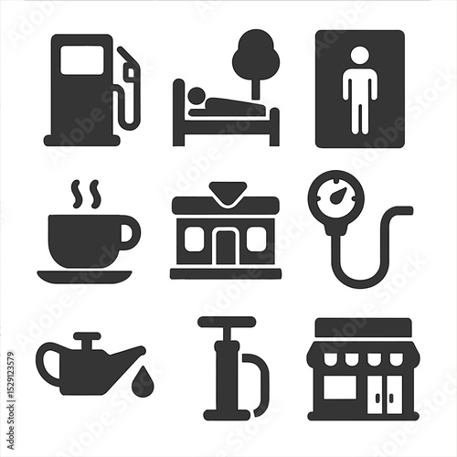 Pit Stop Icon Set. Flat icon set of pit stop essentials: fuel pump, rest area sign, bathroom door, coffee cup, roadside diner,