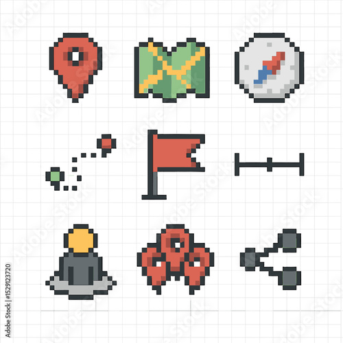 Pixel Art Navigation Tools. Pixel art icon set of navigation and mapping tools: GPS marker, offline map, compass, route line,