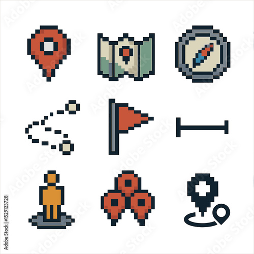 Pixel Art Navigation Tools. Pixel art icon set of navigation and mapping tools: GPS marker, offline map, compass, route line,