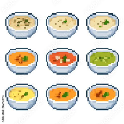 Pixel Art Soup Icons. Pixel art icon set of cream soups: mushroom soup, potato leek soup, cauliflower soup, butternut squash soup,