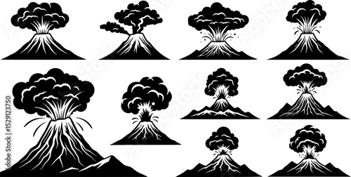 Volcano eruption icon collection, black silhouette of volcanic mountains with smoke clouds
