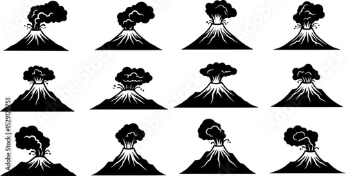 Volcano eruption icon collection, black silhouette of volcanic mountains with smoke clouds
