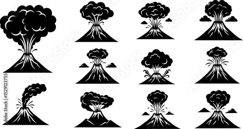 Volcano eruption icon collection, black silhouette of volcanic mountains with smoke clouds
