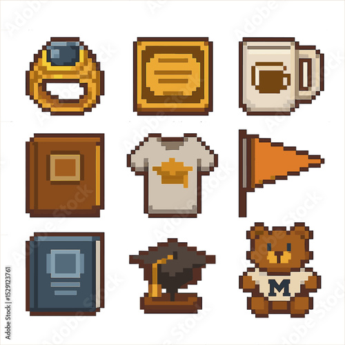 Pixel Art Souvenirs. Pixel art icon set of gifts and souvenirs: class ring, engraved plaque, commemorative mug, photo album,