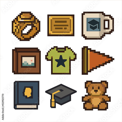 Pixel Art Souvenirs. Pixel art icon set of gifts and souvenirs: class ring, engraved plaque, commemorative mug, photo album,