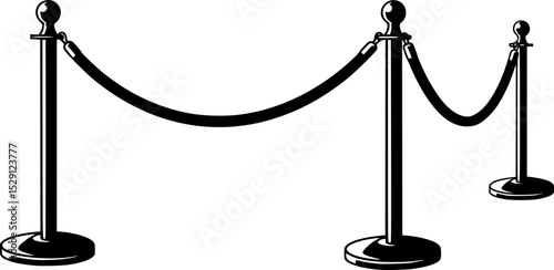 Black and White Illustration of Elegant Rope Barrier Stanchions for Crowd Control
