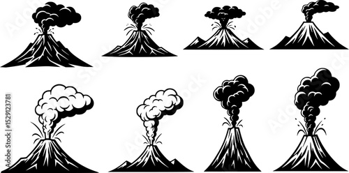 Volcano eruption icon collection, black silhouette of volcanic mountains with smoke clouds
