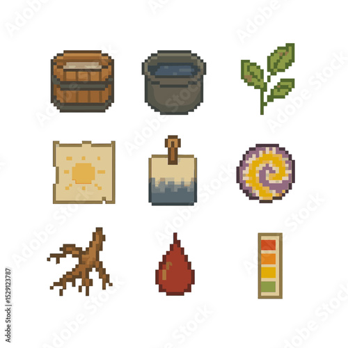 Pixel Eco-Dye Icon Set. Pixel art icon set of eco-dyeing techniques: natural dye vat, indigo bath, plant extract leaf,