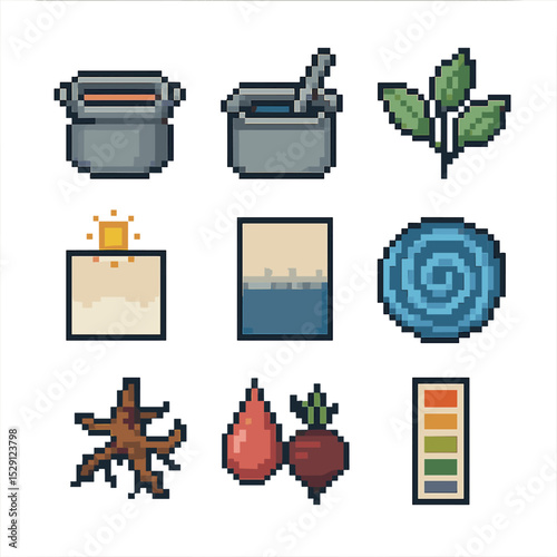 Pixel Eco-Dye Icon Set. Pixel art icon set of eco-dyeing techniques: natural dye vat, indigo bath, plant extract leaf,
