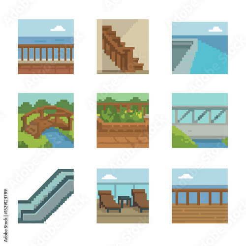 Pixel Art Icon Set. Pixel art icon set of environmental contexts: seaside balcony, indoor staircase, infinity pool edge, garden