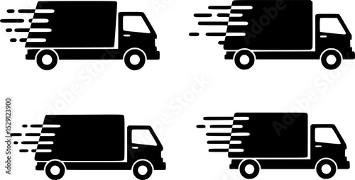 Delivery Truck Icons in Motion, A set of three delivery truck icons with motion lines, symbolizing fast shipping, logistics, transportation, and express delivery services. 