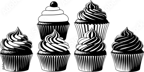 Black and white silhouette of six cupcakes arranged on a white background