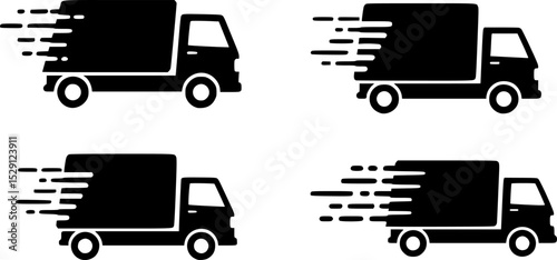 Delivery Truck Icons in Motion, A set of three delivery truck icons with motion lines, symbolizing fast shipping, logistics, transportation, and express delivery services. 