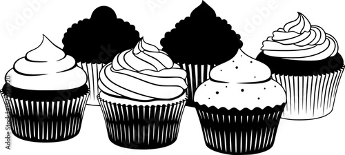 Black and white silhouette of six cupcakes arranged on a white background