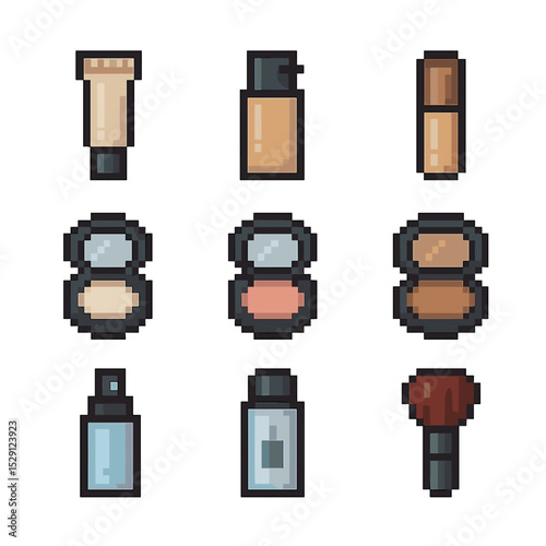 Pixel Makeup Icons. Pixel art icon set of makeup routine steps: primer, foundation, concealer, pressed powder, blush, bronzer,