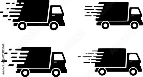 Delivery Truck Icons in Motion, A set of three delivery truck icons with motion lines, symbolizing fast shipping, logistics, transportation, and express delivery services. 