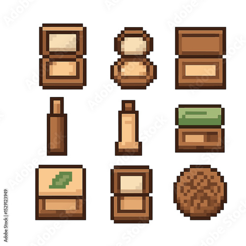 Pixel Packaging Icons. Pixel art icon set of packaging designs: square compact, round compact, rectangular case, slim stick, mini
