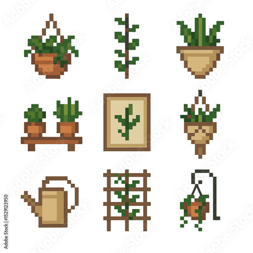 Pixel Plant Decor. Pixel art icon set of greenery decor: hanging planter, climbing vine, wall pocket, shelf succulents, botanical