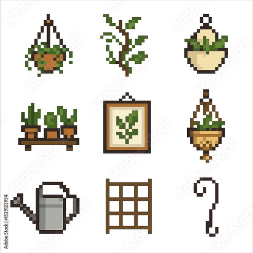 Pixel Plant Decor. Pixel art icon set of greenery decor: hanging planter, climbing vine, wall pocket, shelf succulents, botanical