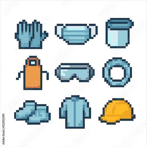Pixel PPE Icon Set. Pixel art icon set of personal protective equipment: disposable gloves, face mask, face shield, apron, goggles