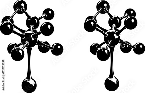 Two MoleculeLike Structures with Spherical Components and Central Connection Points in Black and White
