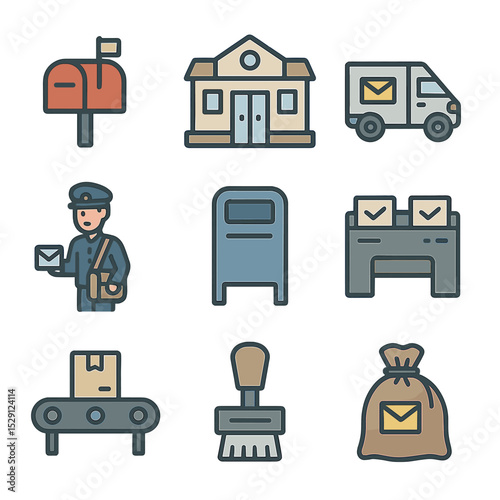 Postal Service Icons. Flat icon set of postal services: mailbox, post office building, postal truck, mail carrier, drop box,