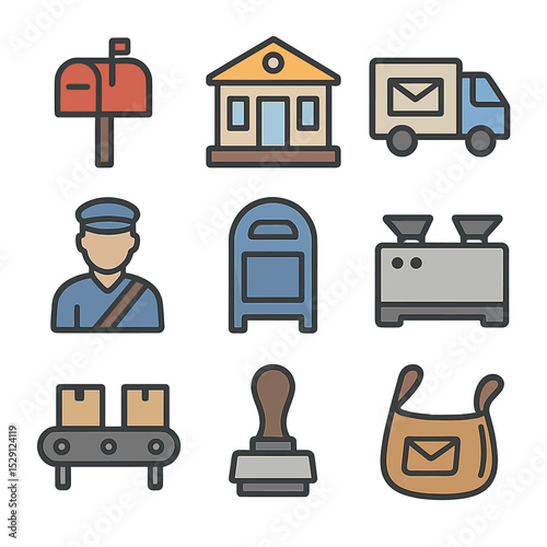 Postal Service Icons. Flat icon set of postal services: mailbox, post office building, postal truck, mail carrier, drop box,