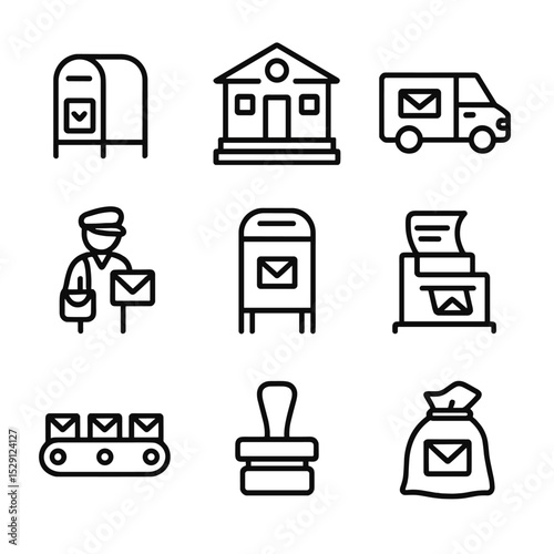 Postal Service Icons. Outline icon set of postal services: mailbox, post office building, postal truck, mail carrier, drop box,