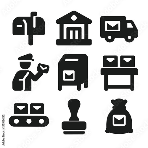 Postal Services Icons. Solid, Filled icon set of postal services: mailbox, post office building, postal truck, mail carrier, drop
