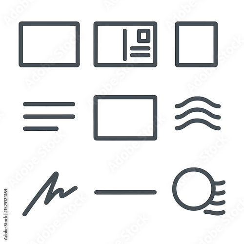 Postcard Layout Icons. Flat icon set of postcard layout elements: postcard front, postcard back, stamp box, address lines, message