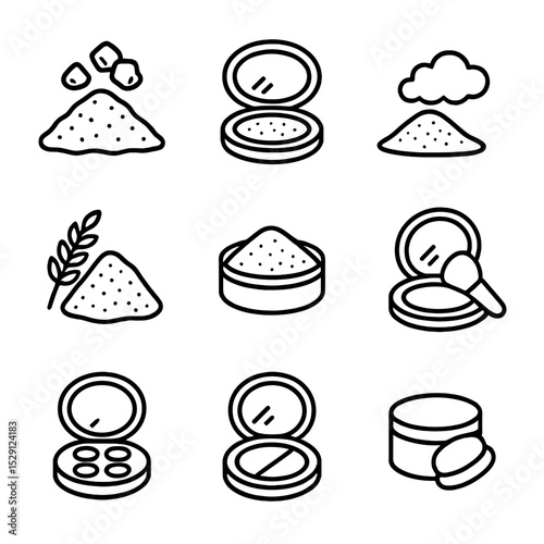 Powder Icon Set. Outline icon set of powder varieties: mineral powder, pressed mineral, talc-free powder, rice powder, silica