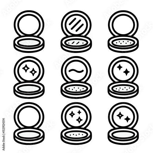 Powder Finish Icons. Outline icon set of powder finishes: matte finish, satin finish, luminous finish, dewy finish, velvety finish